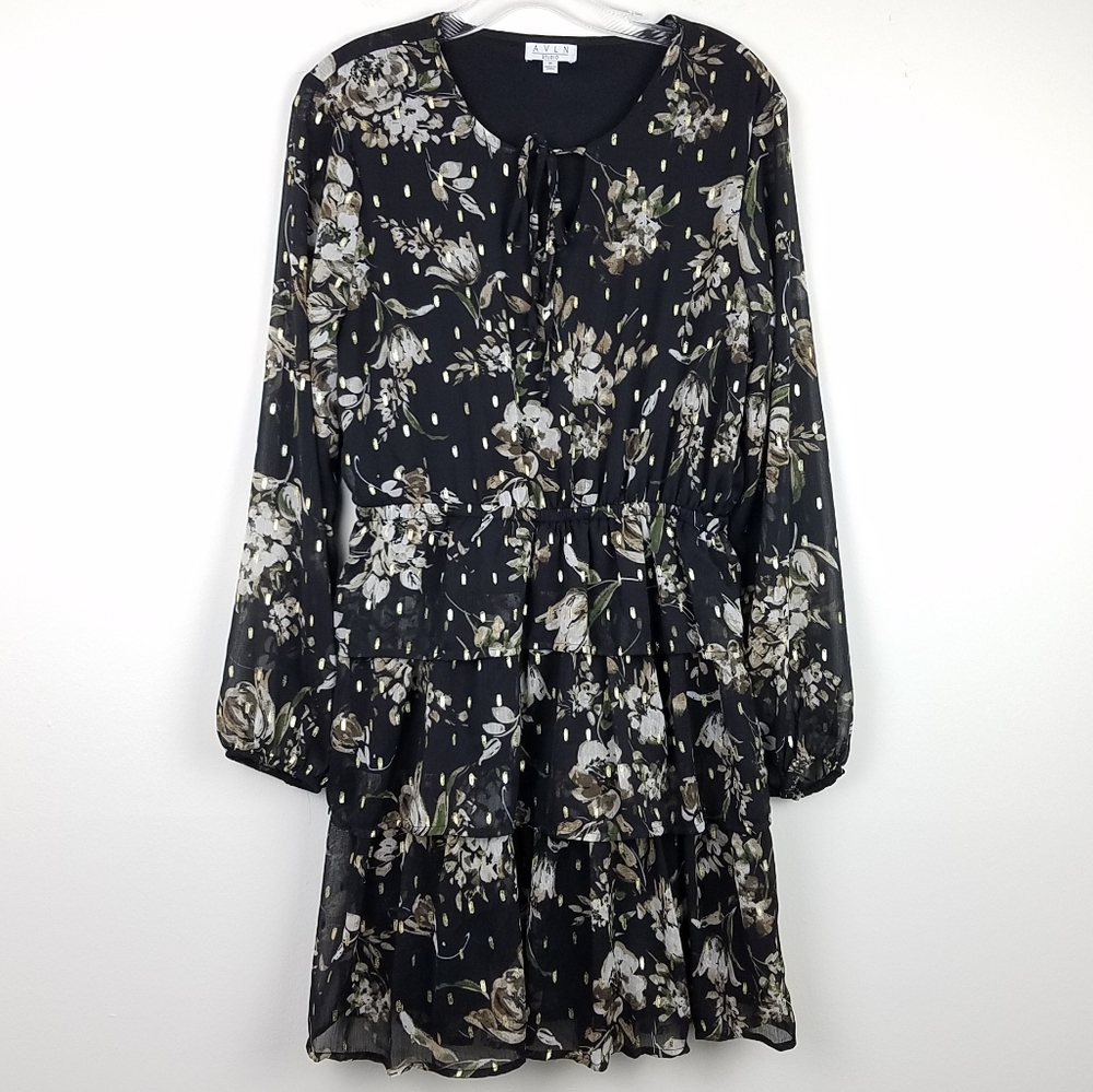 AVLN Studio black floral layered dress sz M